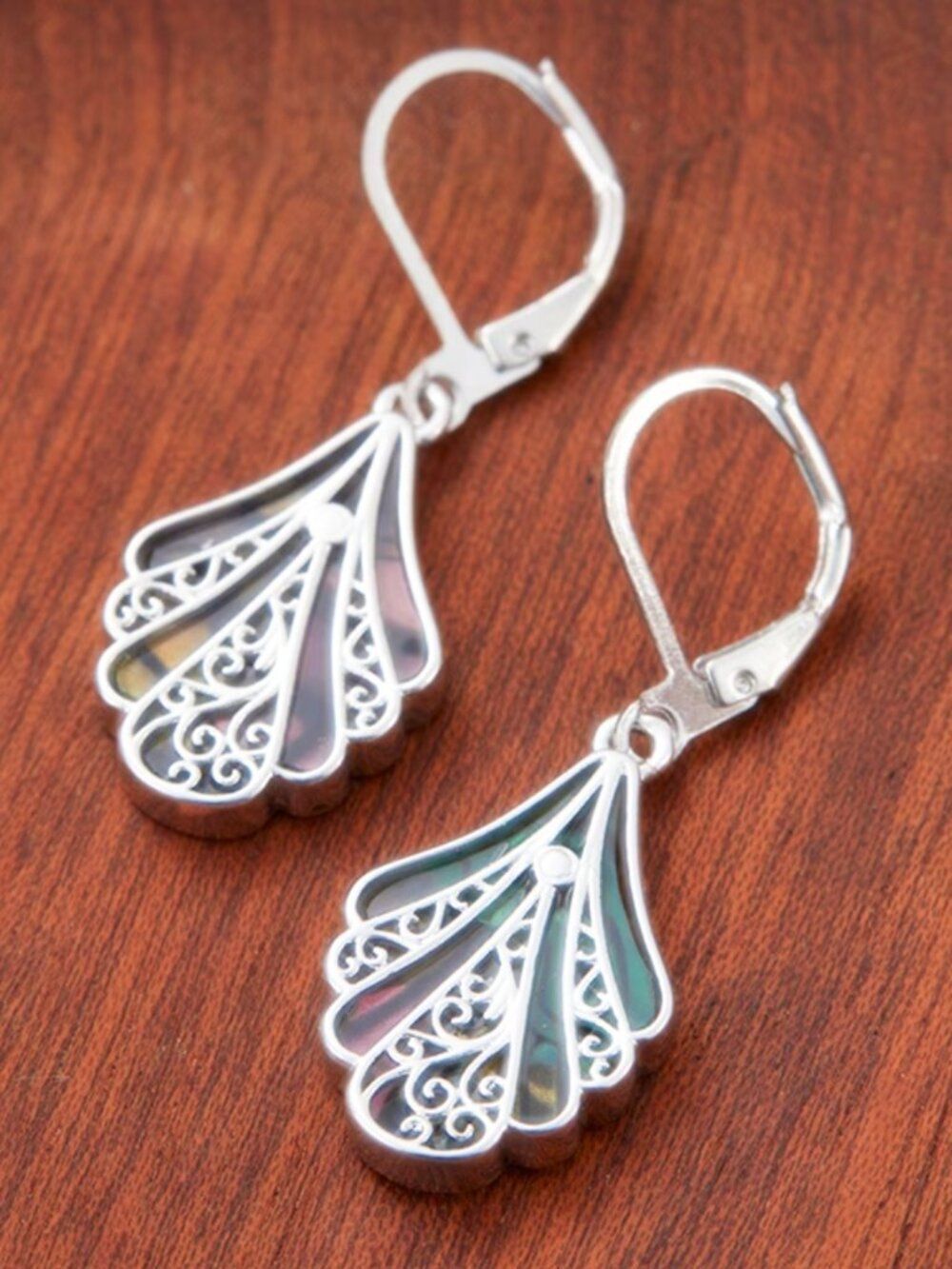 Lustrous Boho Abalone Dangle Earrings – Silvery Filigree, Shiny & Lightweight